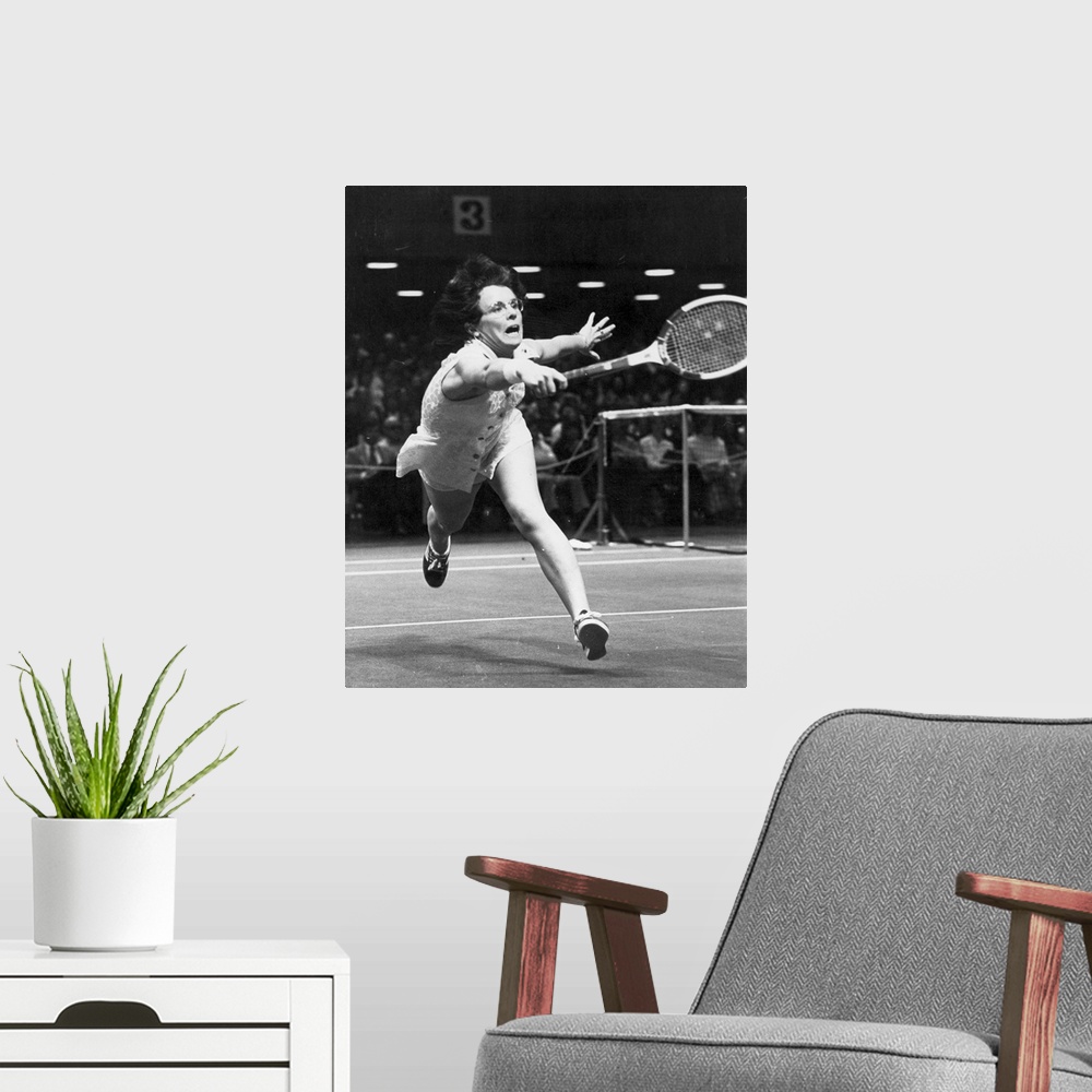 A modern room featuring American tennis player. Photographed during the San Francisco tennis tournament in January 1974.