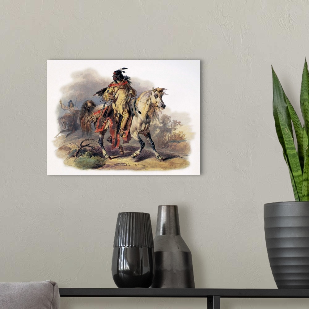 A modern room featuring Bodmer, Blackfoot Horseman. A Blackfoot Native American Man Riding On Horseback At Fort Mckenzie,...