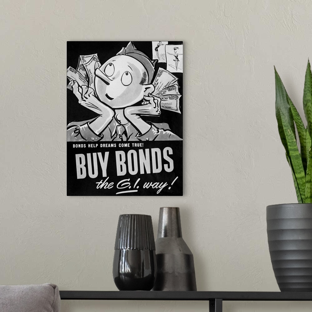 A modern room featuring 'Bonds Help Dreams Come True! Buy Bonds the G.I. Way!' Poster advertising war bonds, c1942.