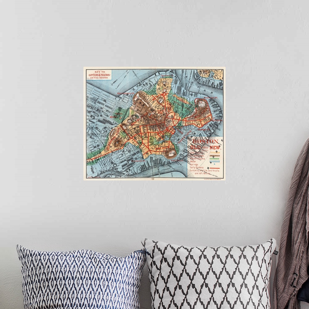 A bohemian room featuring Map, Boston, C1880. 'Boston Old And New.' A Map Of Boston, Massachusetts, C1880, By Justin Winsor...
