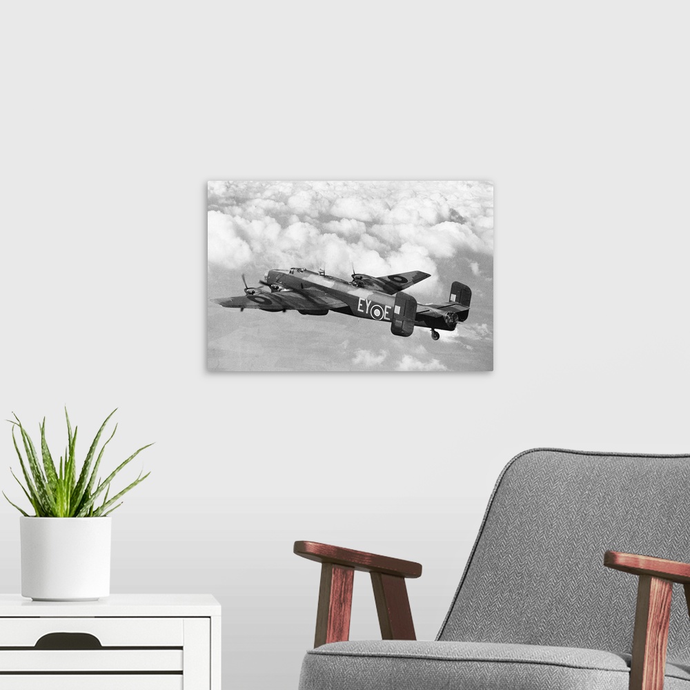 A modern room featuring The Handley Page Halifax Mark II heavy bomber of the British Royal Air Force during World War II....