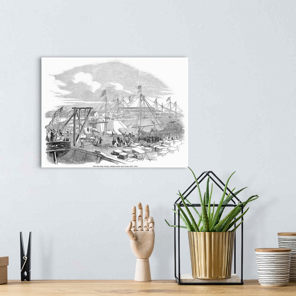 A bohemian room featuring The dry dock works at the United States Naval Shipyard in Brooklyn, New York. Wood engraving from...