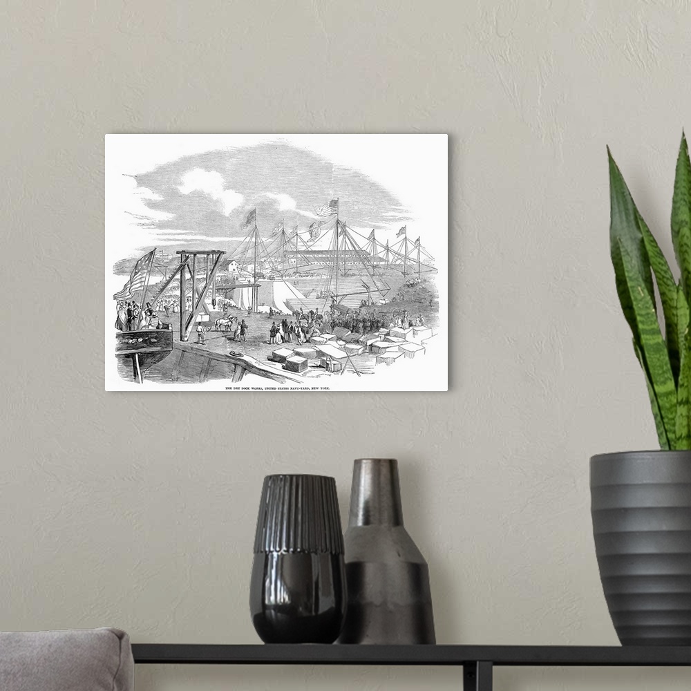 A modern room featuring The dry dock works at the United States Naval Shipyard in Brooklyn, New York. Wood engraving from...