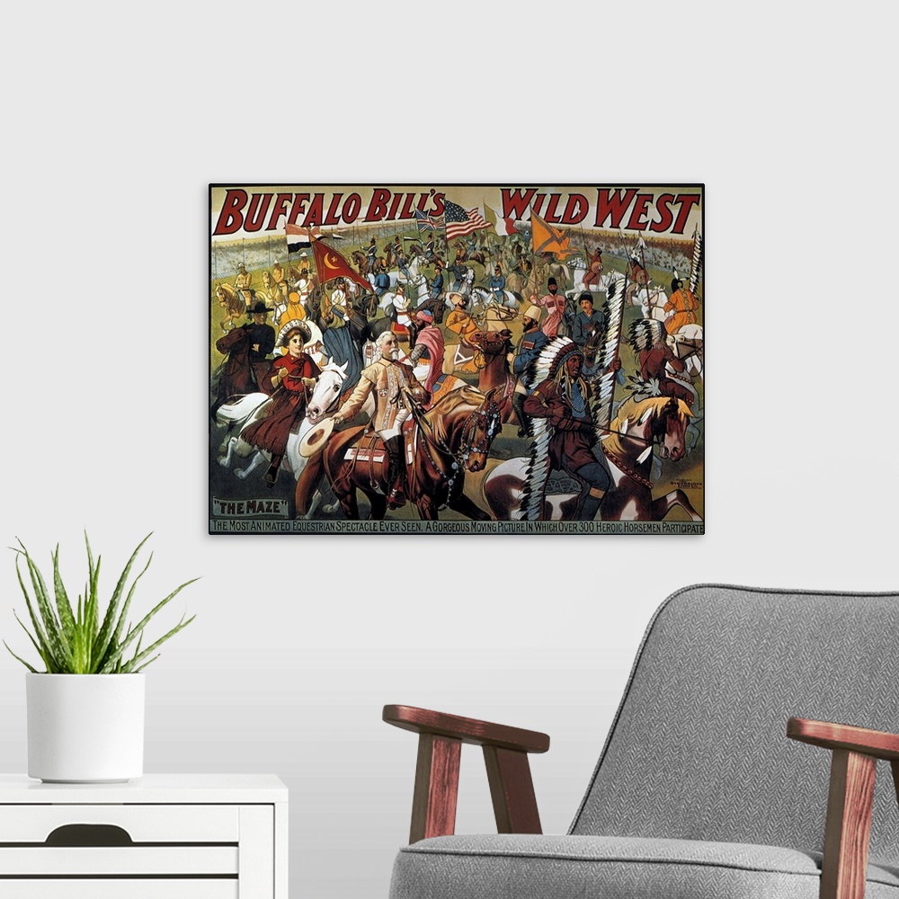 A modern room featuring Buffalo Bill's Wild West Show lithograph poster.