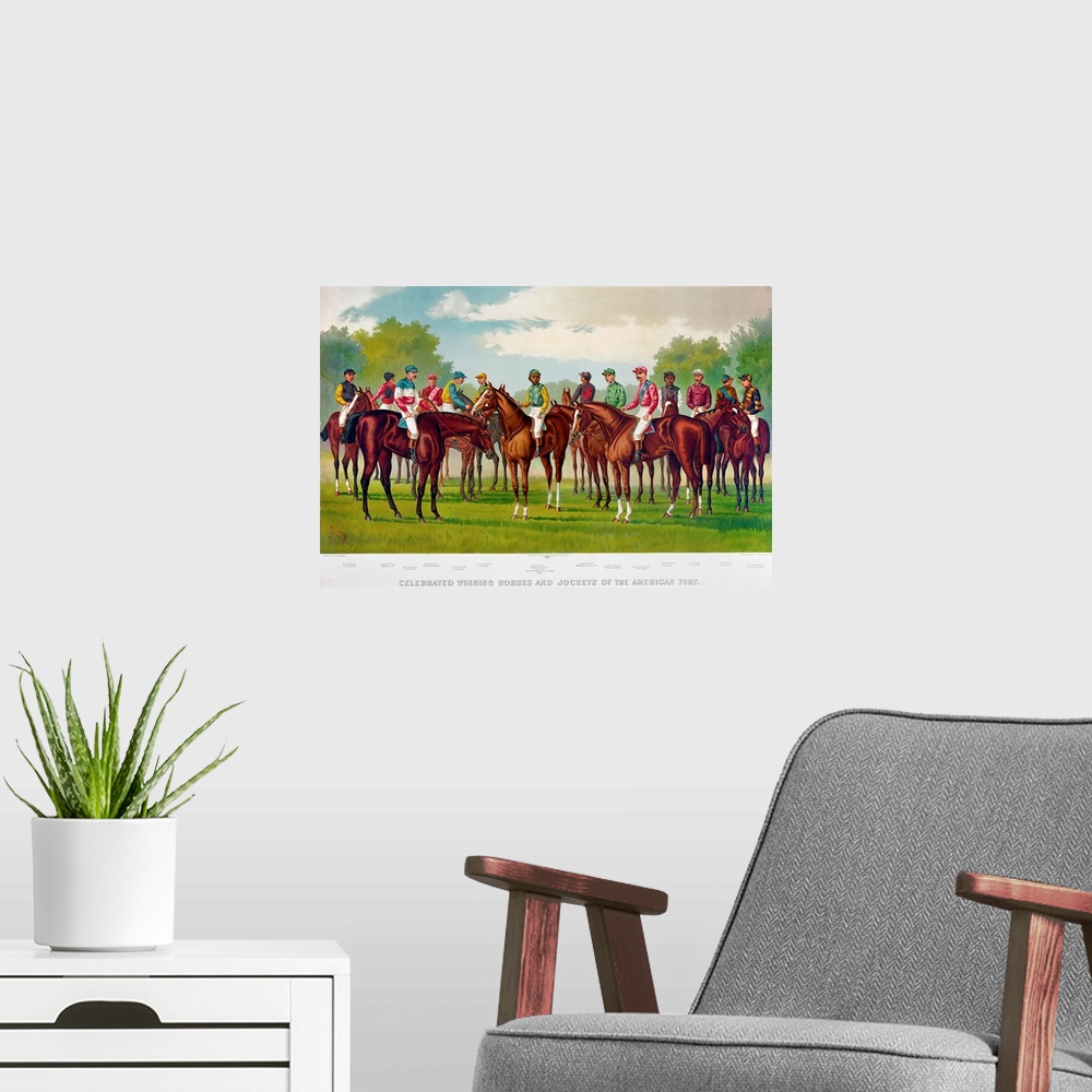 A modern room featuring 'Celebrated winning horses and jockeys of the American turf.' Lithograph by Currier and Ives, 1889.