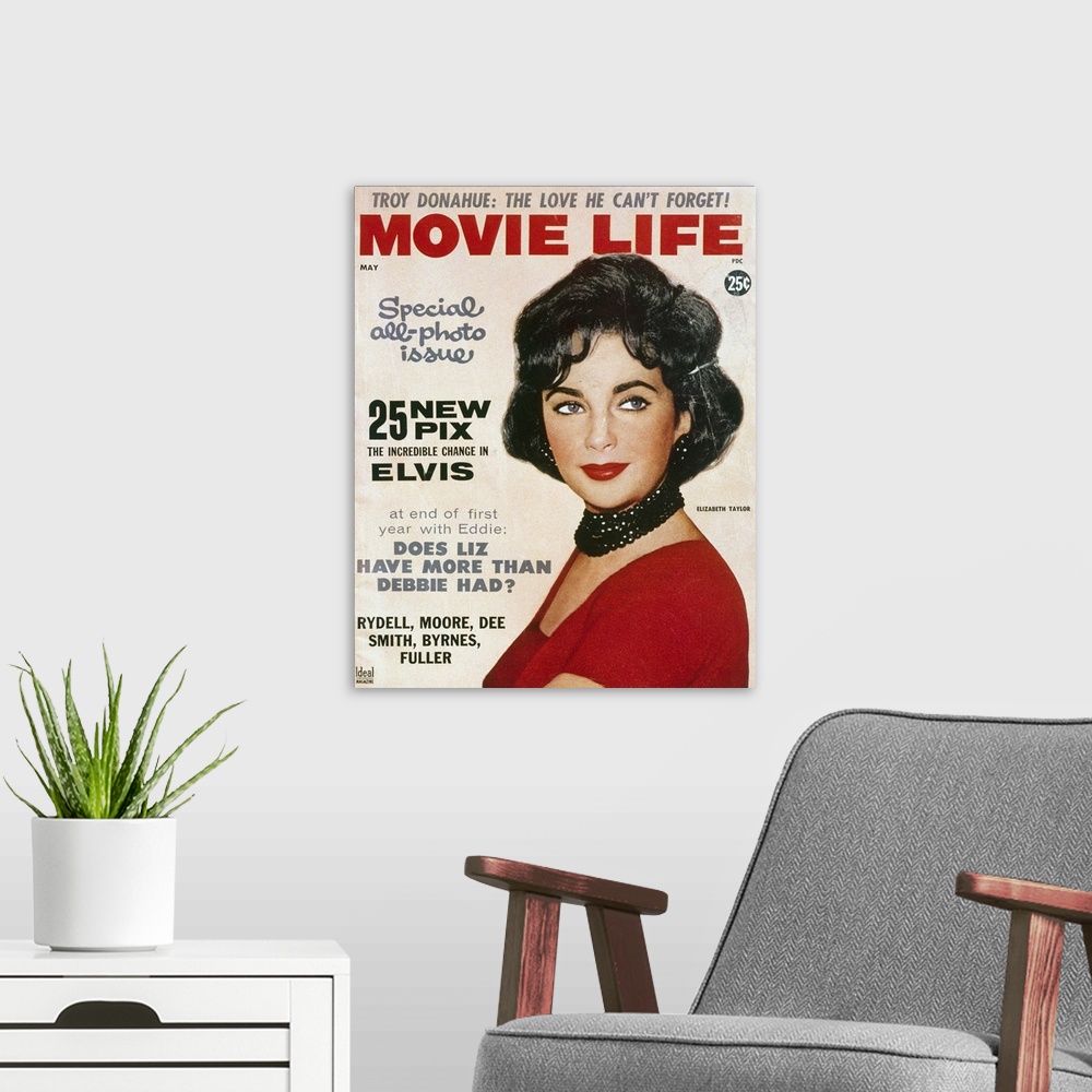 A modern room featuring Cover of the May 1960 issue of 'Movie Life' magazine, featuring actress Elizabeth Taylor.