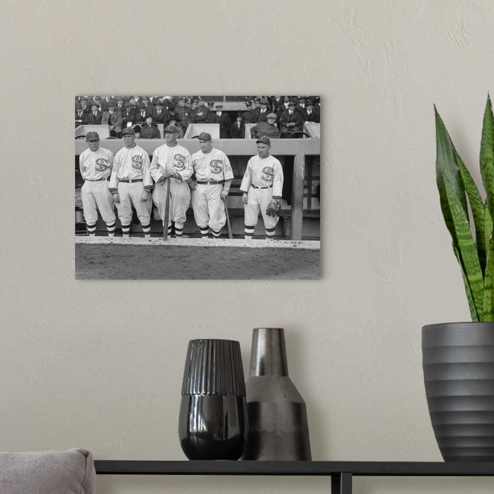 A modern room featuring Chicago White Sox players Eddie Murphy, John 'Shano' Collins, Shoeless Joe Jackson, Happy Felsch,...