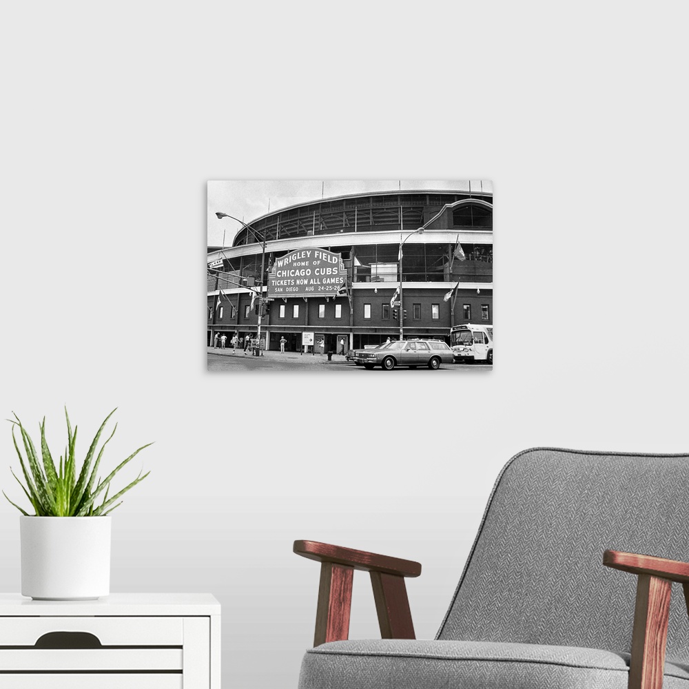 A modern room featuring Wrigley Field baseball stadium in Chicago, Illinois, 1981.