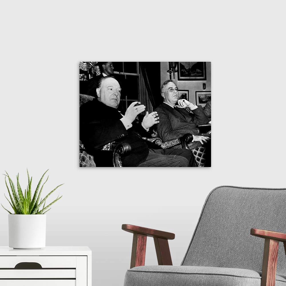 A modern room featuring Prime Minister Winston Churchill and President Franklin D. Roosevelt photographed during a press ...