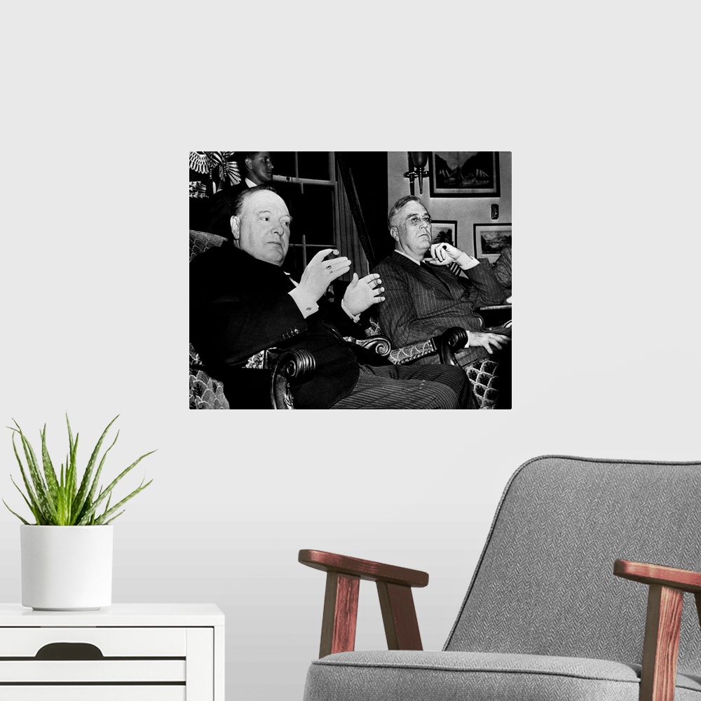 A modern room featuring Prime Minister Winston Churchill and President Franklin D. Roosevelt photographed during a press ...