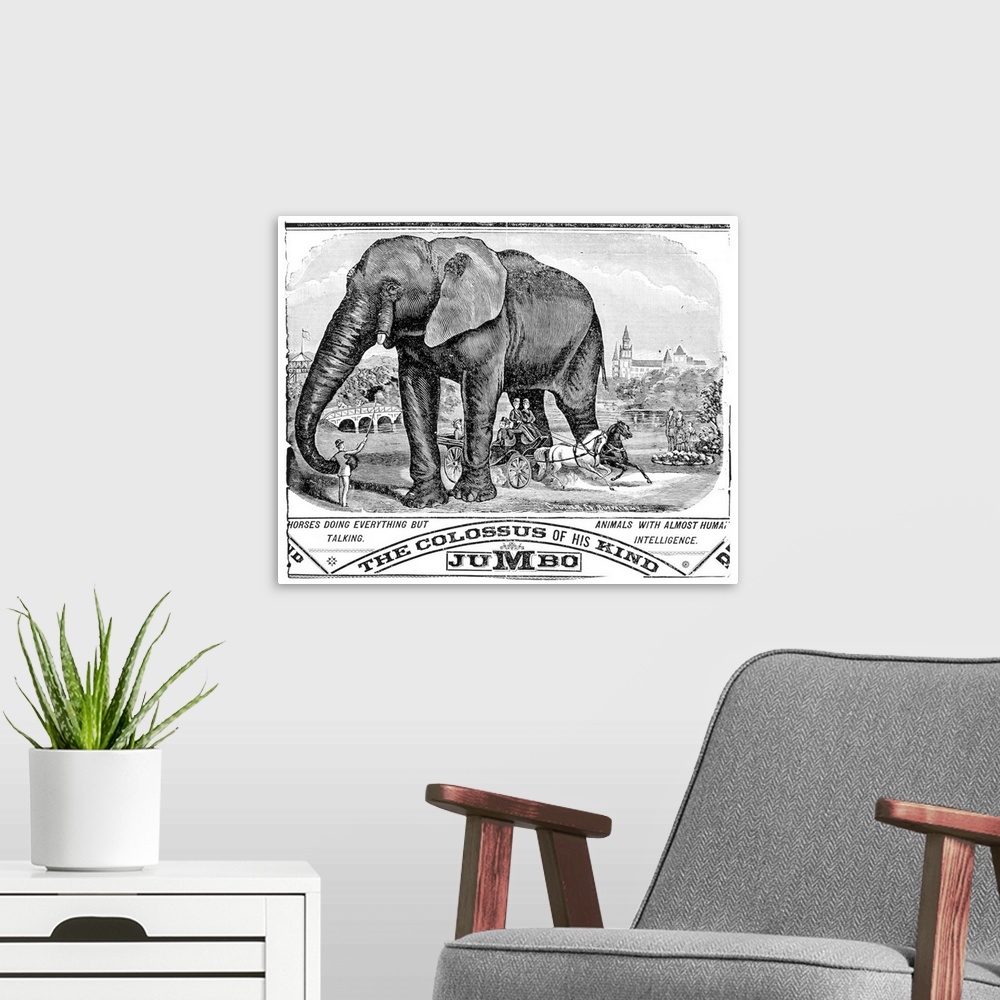 A modern room featuring Circus Handbill, C1884. Jumbo the Elephant Featured On An American Handbill For Barnum, Bailey An...
