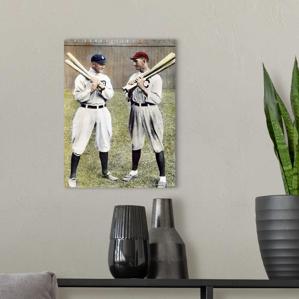 A modern room featuring Tyrus Raymond ('Ty') Cobb (1886-1961) with 'Shoeless' Joe Jackson, right. Oil over a photograph, ...