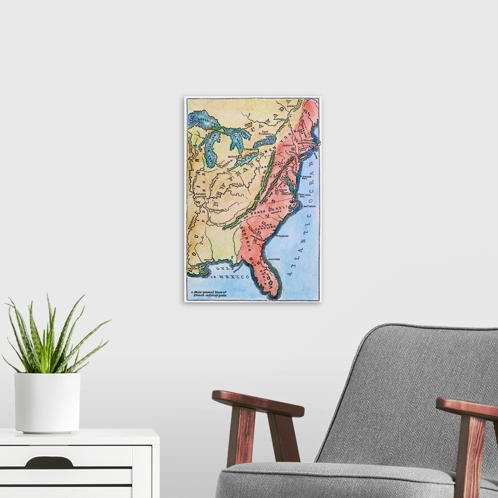 A modern room featuring Colonial America Map. A Map Of the thirteen Original American Colonies, Mid-18th Century. Line En...