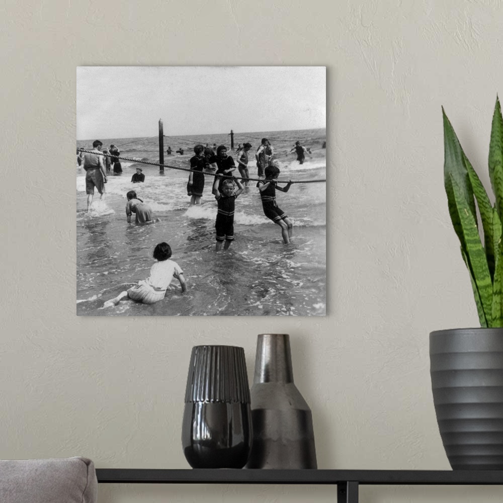 A modern room featuring Children playing in surf at Coney Island, Brooklyn, New York. Stereograph, c1897.