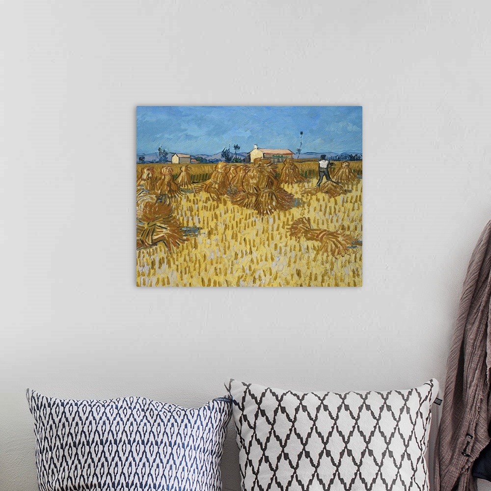 A bohemian room featuring Van Gogh, Corn Harvest. 'Corn Harvest In Provence.' Oil On Canvas, Vincent Van Gogh, 1888.