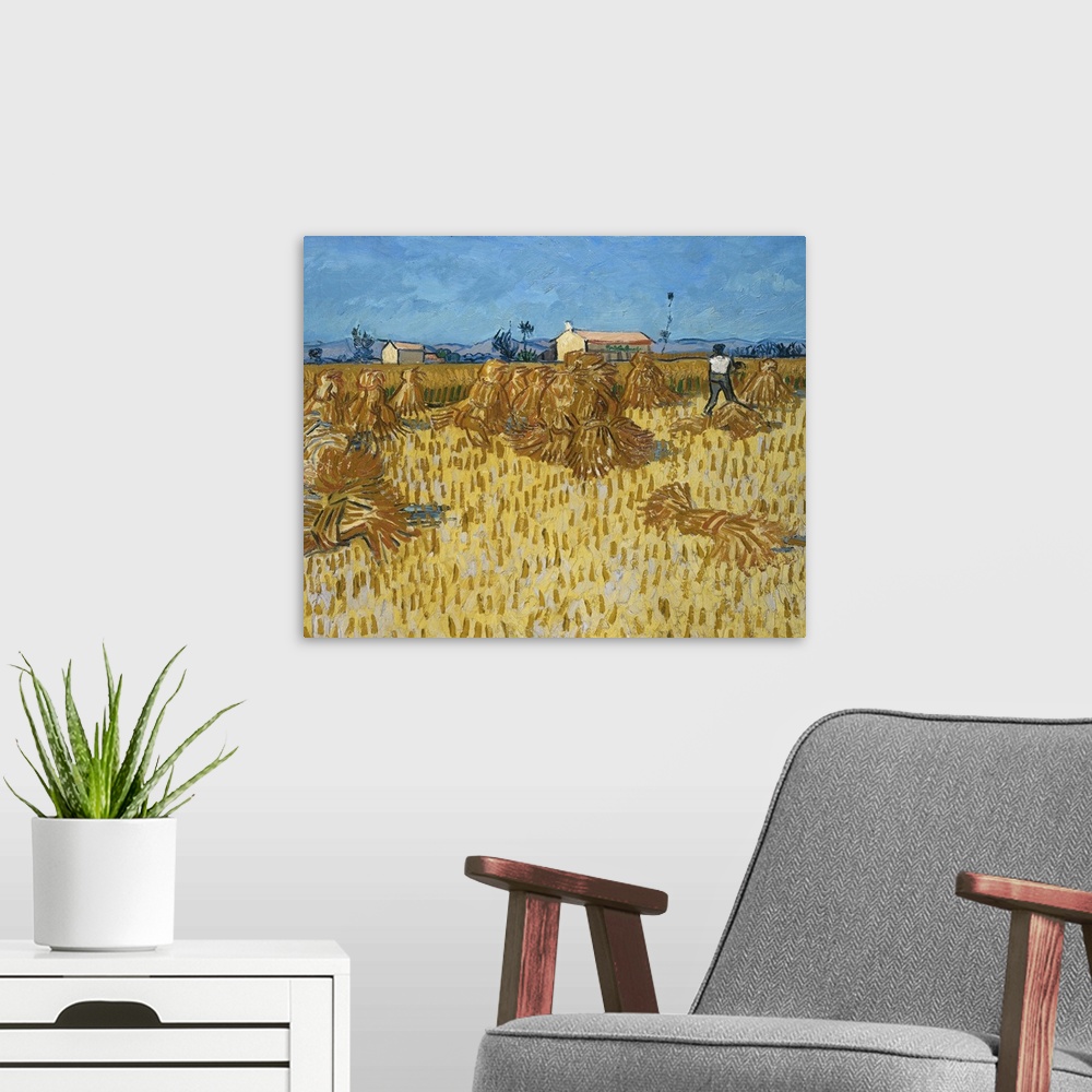 A modern room featuring Van Gogh, Corn Harvest. 'Corn Harvest In Provence.' Oil On Canvas, Vincent Van Gogh, 1888.