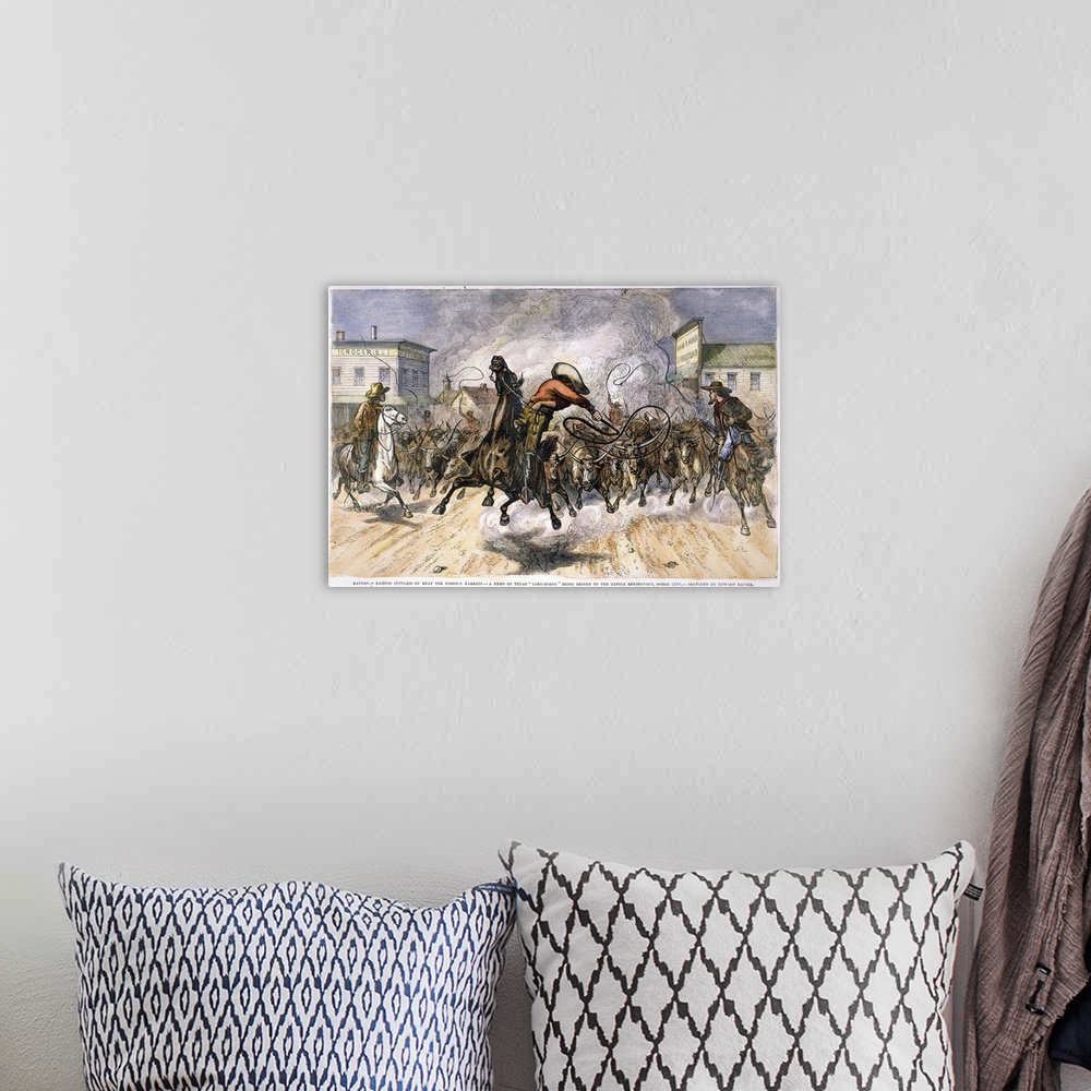 A bohemian room featuring Cowboys Driving A Herd Of Texas Longhorns To Market through the Streets Of Dodge City, Kansas, Am...