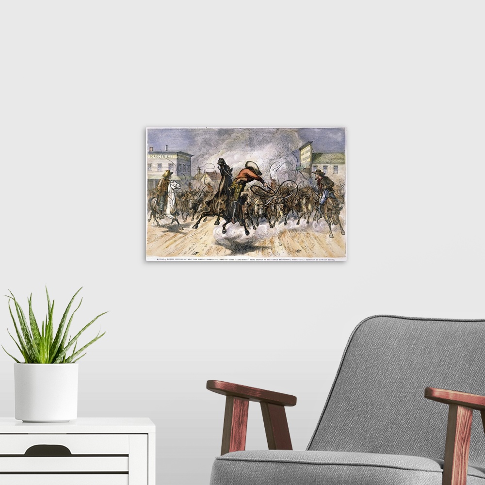 A modern room featuring Cowboys Driving A Herd Of Texas Longhorns To Market through the Streets Of Dodge City, Kansas, Am...