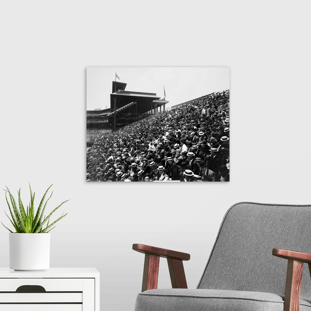 A modern room featuring Crowd in the bleachers section at a baseball game at Forbes Field in Pittsburgh, Pennsylvania. Ph...
