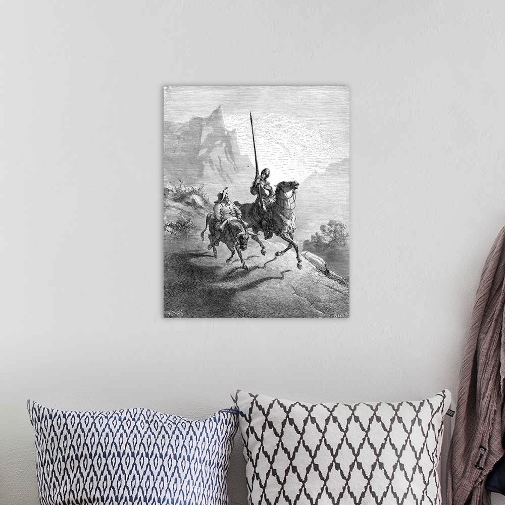 A bohemian room featuring Don Quixote and Sancho Panza setting out at dawn in search of adventure: wood engraving after Gus...