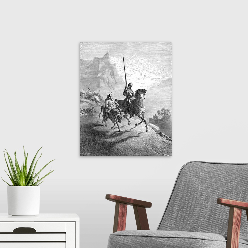 A modern room featuring Don Quixote and Sancho Panza setting out at dawn in search of adventure: wood engraving after Gus...
