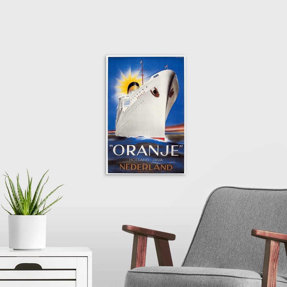 A modern room featuring Poster by Jean Walther, 1939, for the Dutch liner 'Oranje,' launched, just before World War II, f...