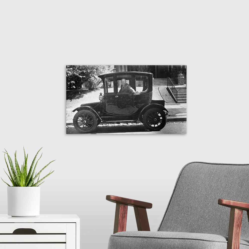 A modern room featuring (1890-1969). 34th President of the United States. Photographed in a 1914 Rauch-Lang electric car ...
