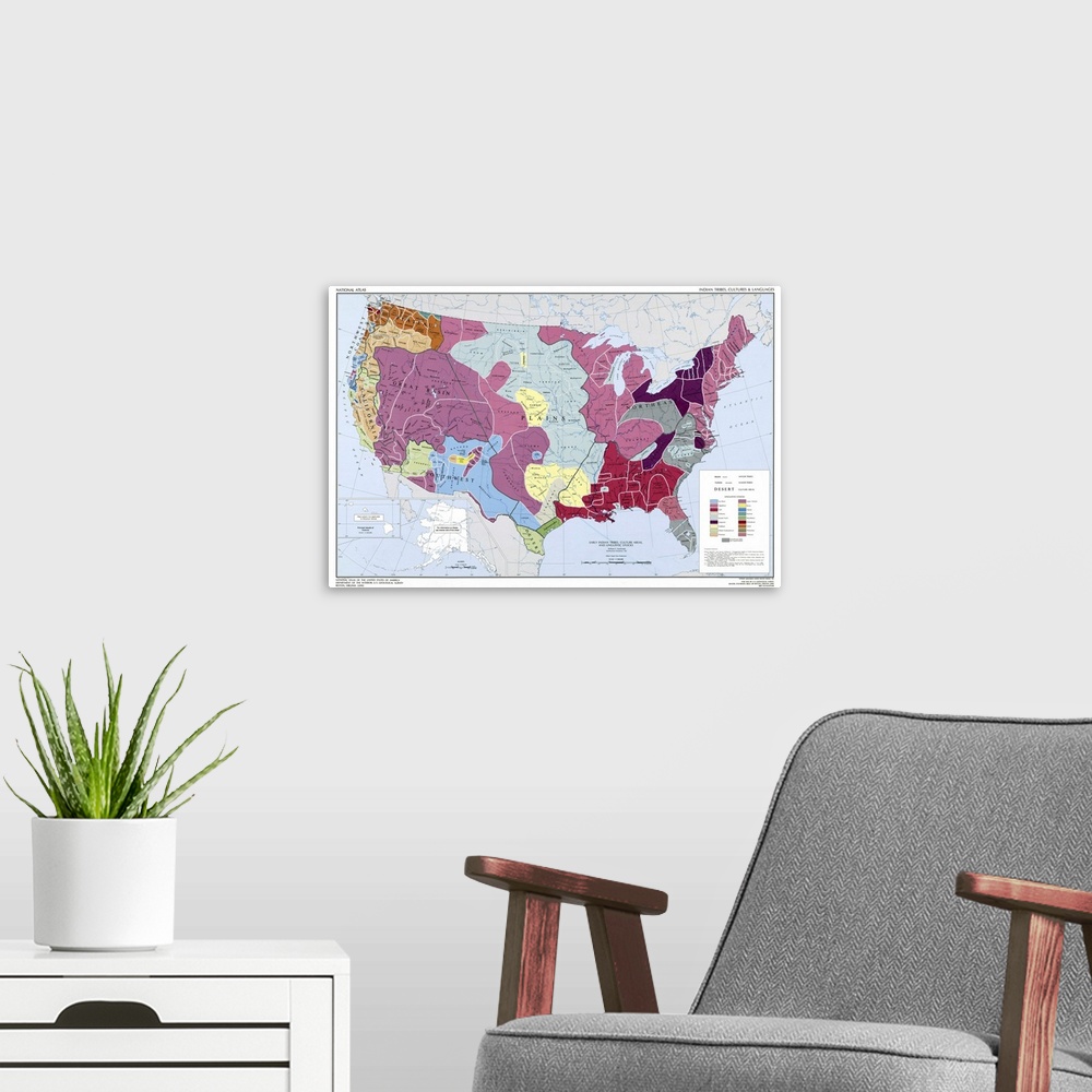 A modern room featuring Map, American Indians. 'Early Indian Tribes, Culture Areas And Linguistic Stocks.' Map Compiled B...
