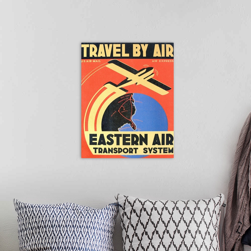 A bohemian room featuring An Eastern Air Transport System display card from 1932 showing it's routes along the east coast o...
