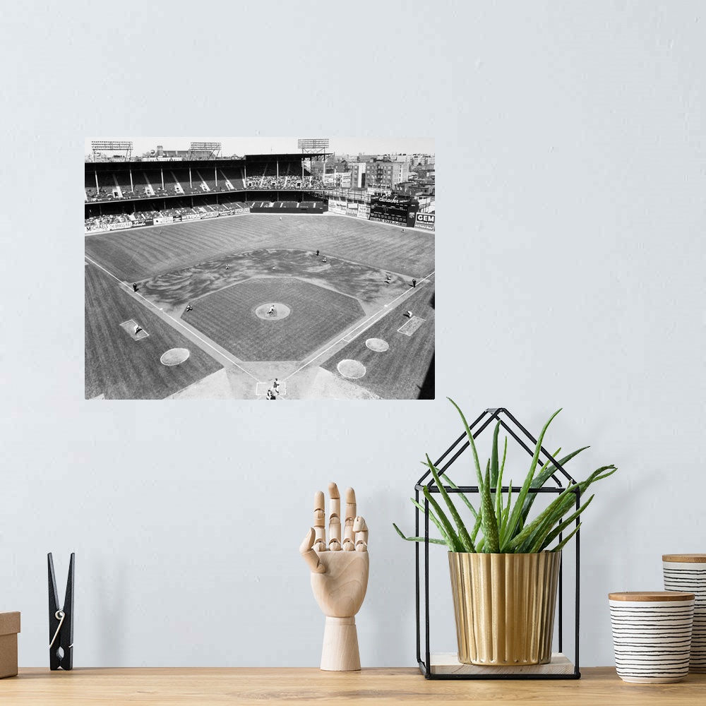 A bohemian room featuring Aerial view of Ebbets Field in Brooklyn, New York, during an exhibition game between the New York...
