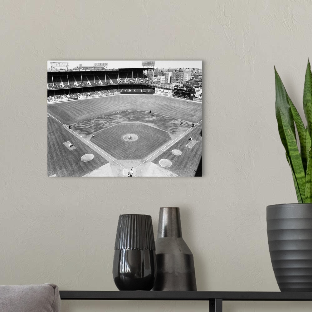A modern room featuring Aerial view of Ebbets Field in Brooklyn, New York, during an exhibition game between the New York...