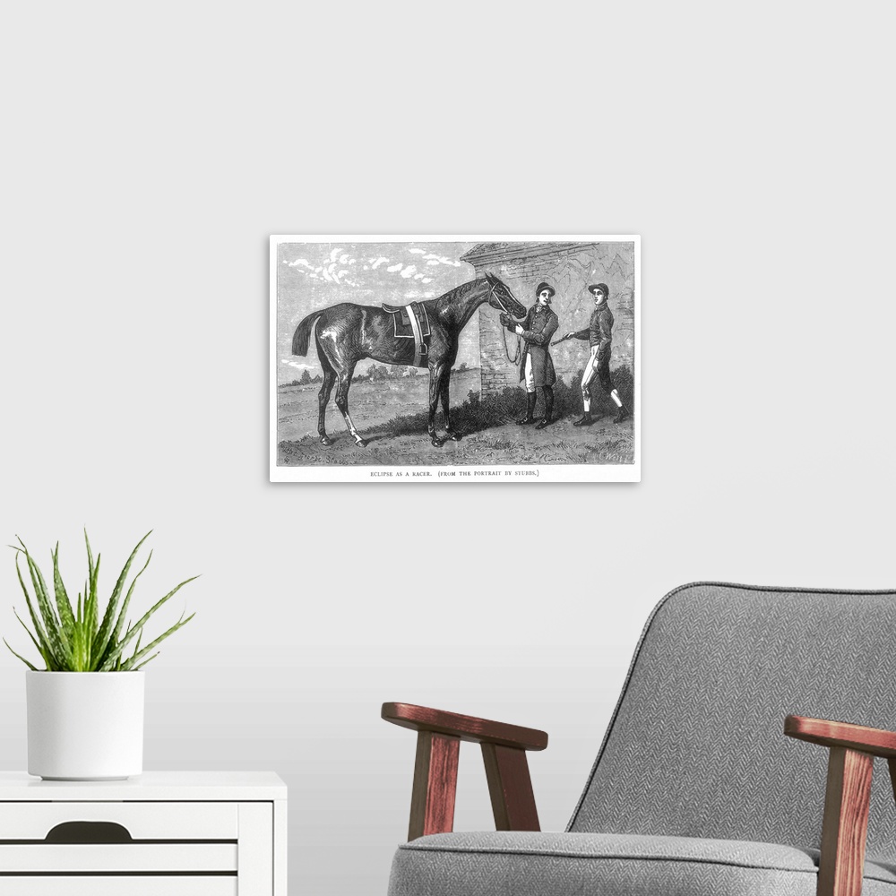 A modern room featuring Eclipse (1764-1789). English Racehorse. At Newmarket With A Groom And Jockey, Wood Engraving, 19t...