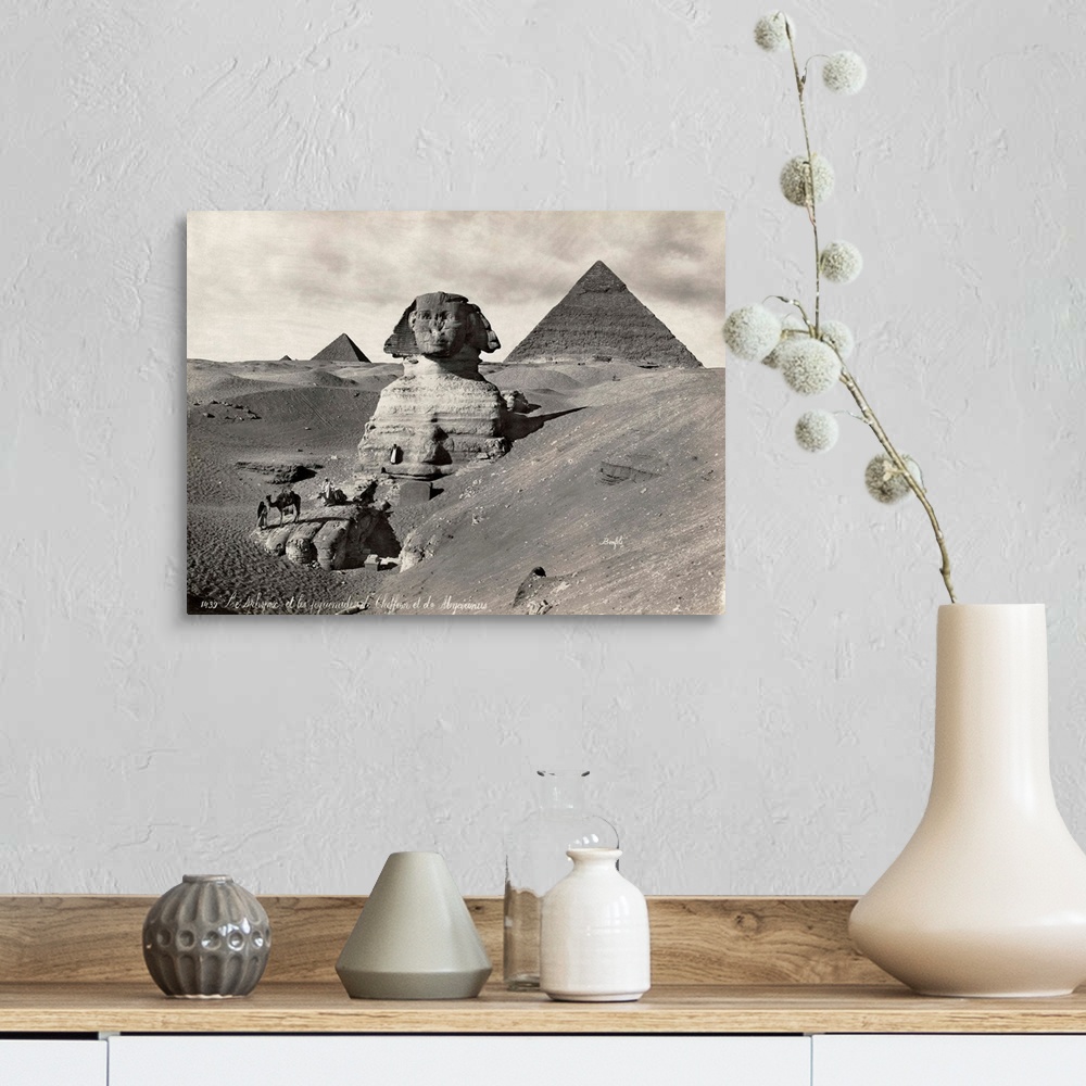A farmhouse room featuring Egypt, Pyramids And Sphinx. the Great Pyramids And Sphinx At Giza, Egypt. Photograph, Late 19th C...