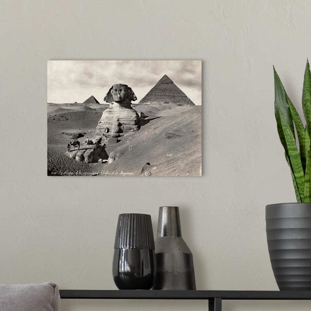 A modern room featuring Egypt, Pyramids And Sphinx. the Great Pyramids And Sphinx At Giza, Egypt. Photograph, Late 19th C...