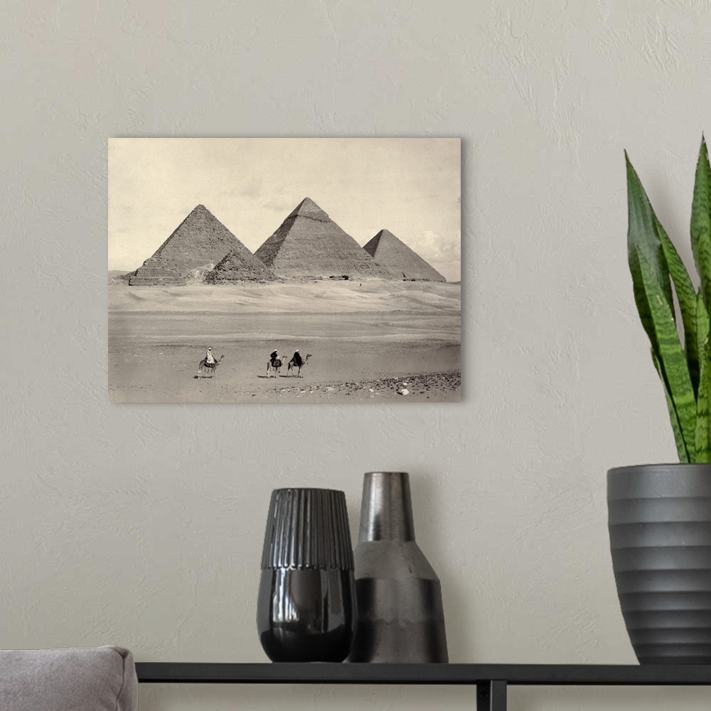 A modern room featuring Egypt, Pyramids At Giza. the Pyramids At Giza, Egypt, With three Travelers In the Foreground. Pho...