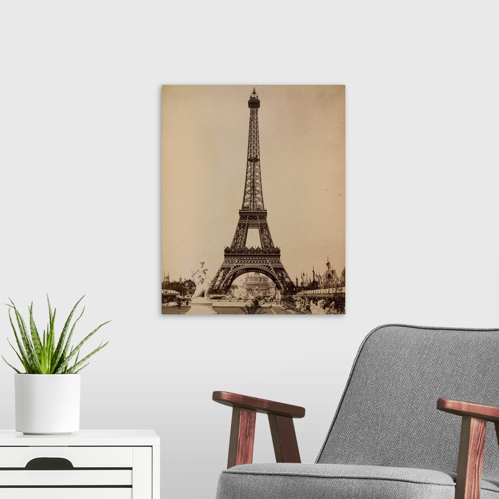 A modern room featuring A view of the Eiffel Tower during the Universal Exposition of 1889 in Paris, France. Photograph, ...