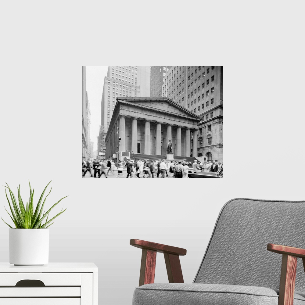 A modern room featuring Federal Hall at 26 Wall Street in New York City, built in 1842. Photograph, c1970.