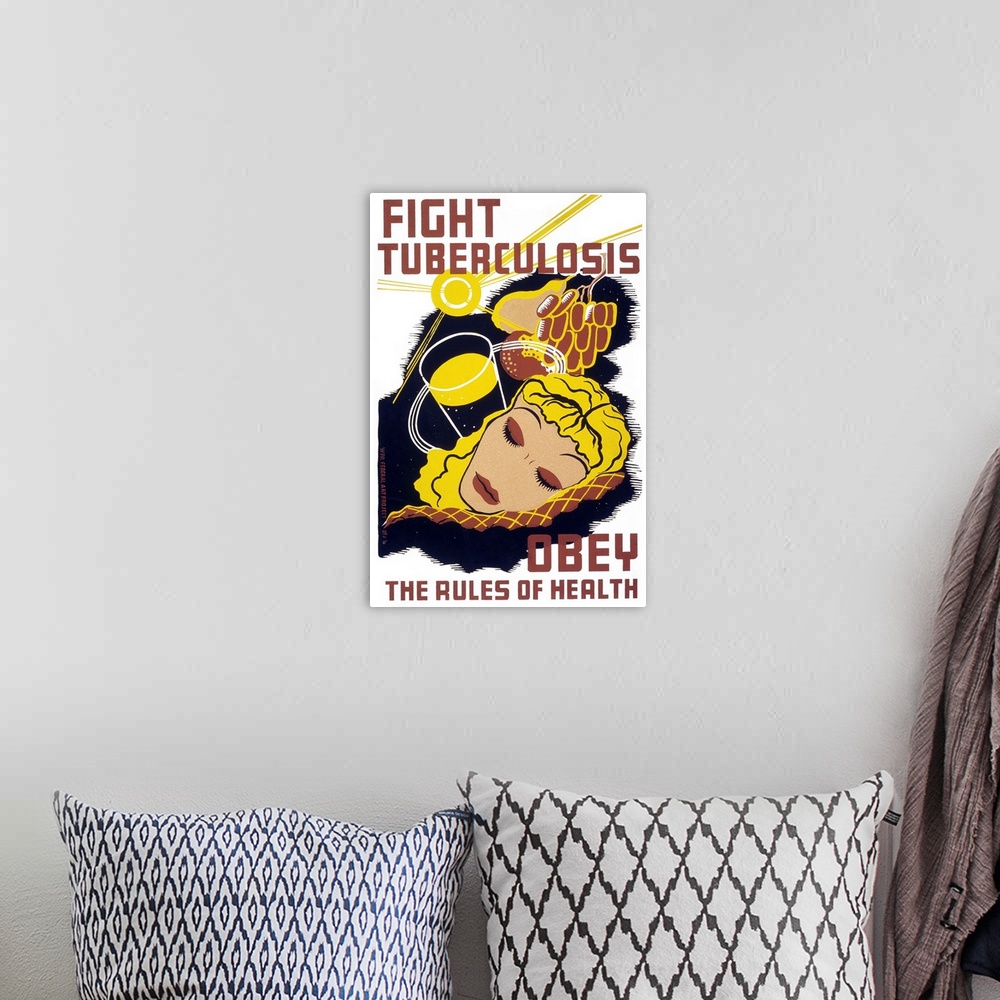 A bohemian room featuring 'Fight tuberculosis - obey the rules of health.' Silkscreen poster, c1940.