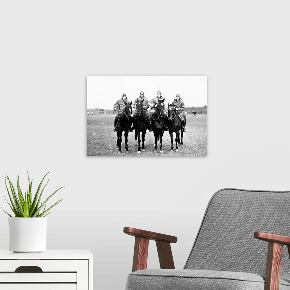 A modern room featuring 'The Four Horsemen,' the Notre Dame backfield of 1924 on horseback. Don Miller, Elmer Layden, Sle...