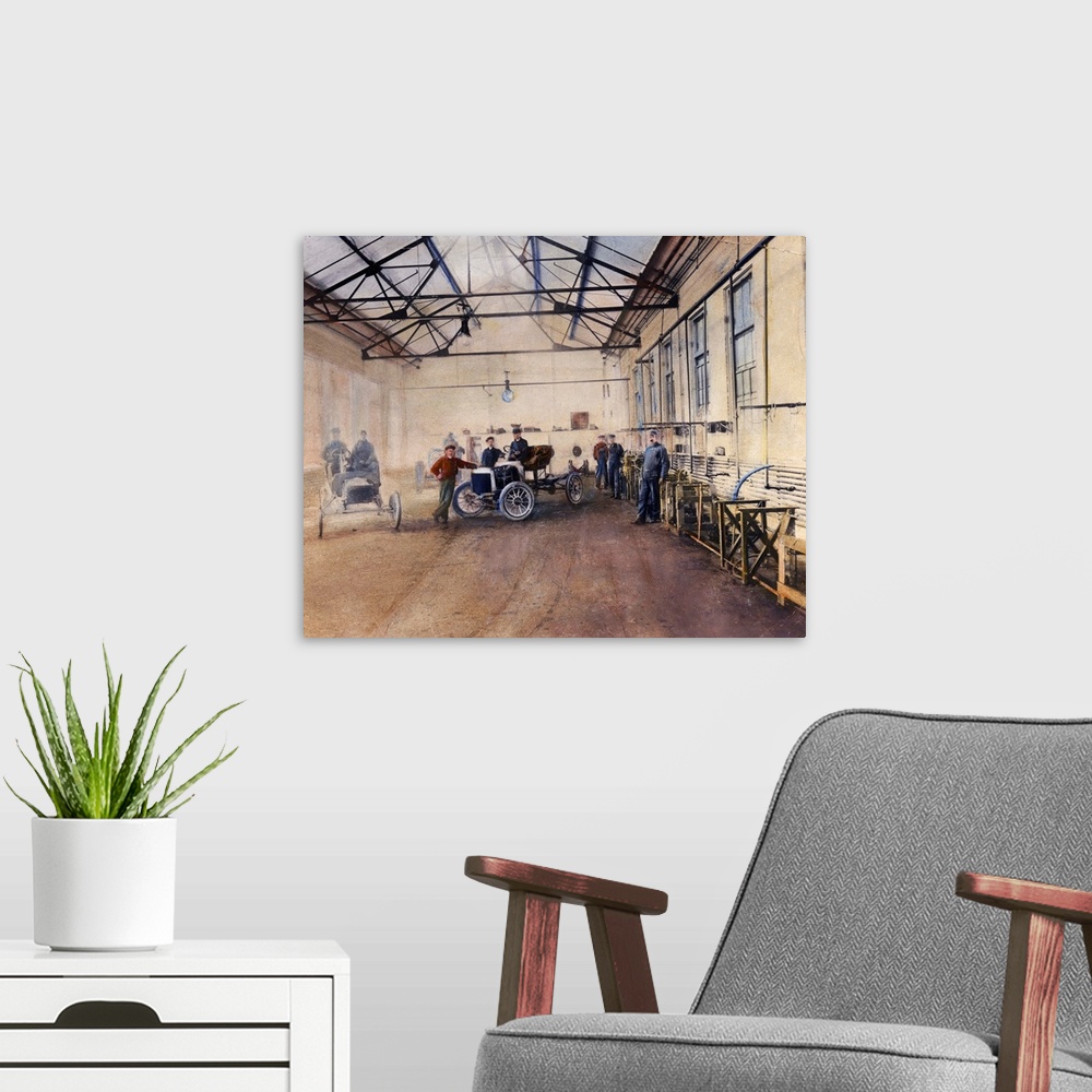 A modern room featuring Testing at Henry Ford's Piquette plant c1905. Oil over photograph.