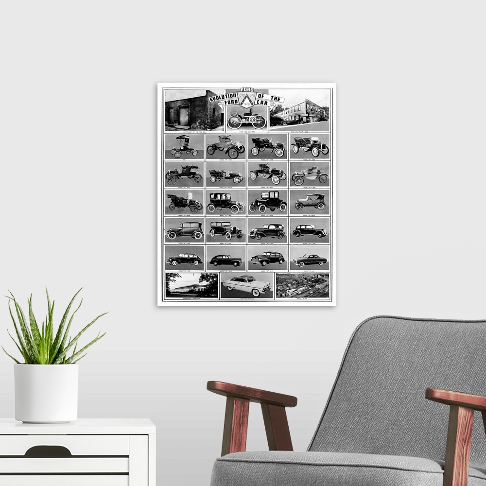 A modern room featuring Evolution of the Ford Car. Models from 1896 to 1954. Ford Motor Company publicity photo.
