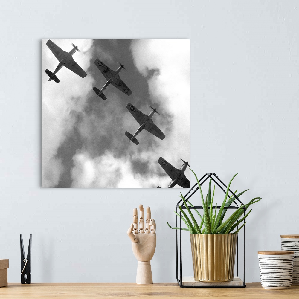 A bohemian room featuring Four P-51 Mustang fighter planes flying in formation over Ramitelli, Italy. Photograph by Toni Fr...