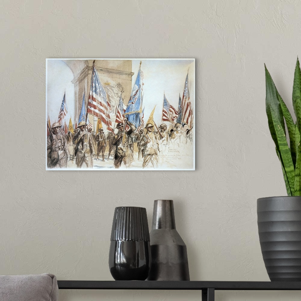 A modern room featuring French and American troops marching near the Arc de Triomphe in Paris, on Bastille Day, 14 July 1...