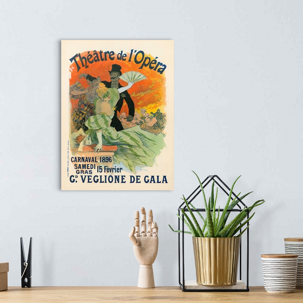 A bohemian room featuring French poster for a costume gala at the Theatre de l'Opera in Paris, France. Lithograph by Jules ...