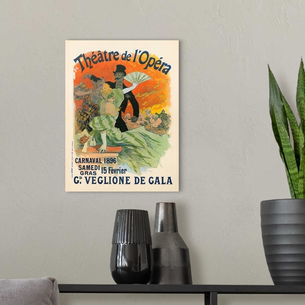 A modern room featuring French poster for a costume gala at the Theatre de l'Opera in Paris, France. Lithograph by Jules ...