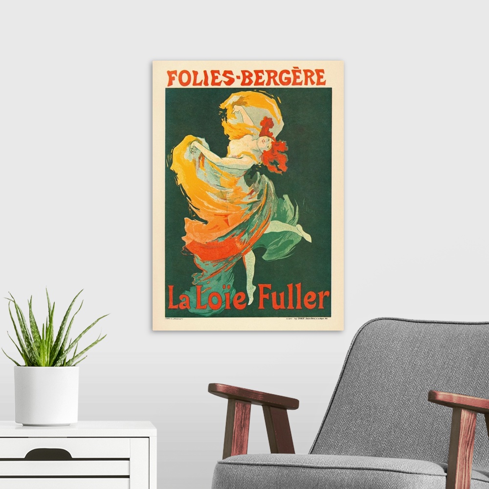 A modern room featuring French poster for Loie Fuller at the Folies Bergeres, in Paris, France. Lithograph by Jules Chere...