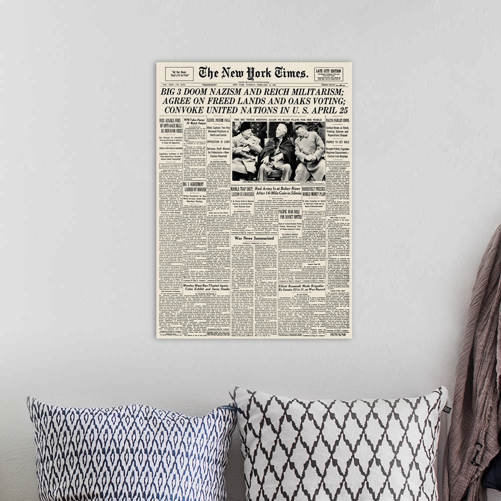 A bohemian room featuring Front page of The New York Times, 13 February 1945, reporting on the Yalta Conference towards the...