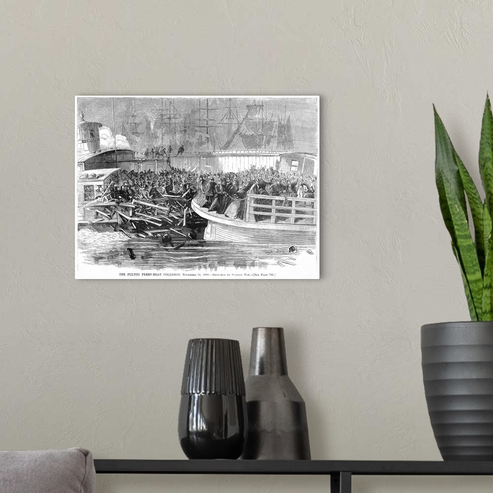A modern room featuring The Fulton Ferry boat collision in New York City on 14 Novermber 1868. Wood engraving from a cont...