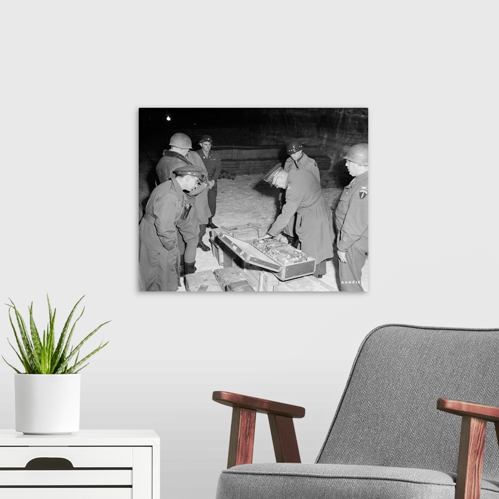 A modern room featuring General Dwight D. Eisenhower and General Omar Bradley examining a suitcase full of silverware sto...