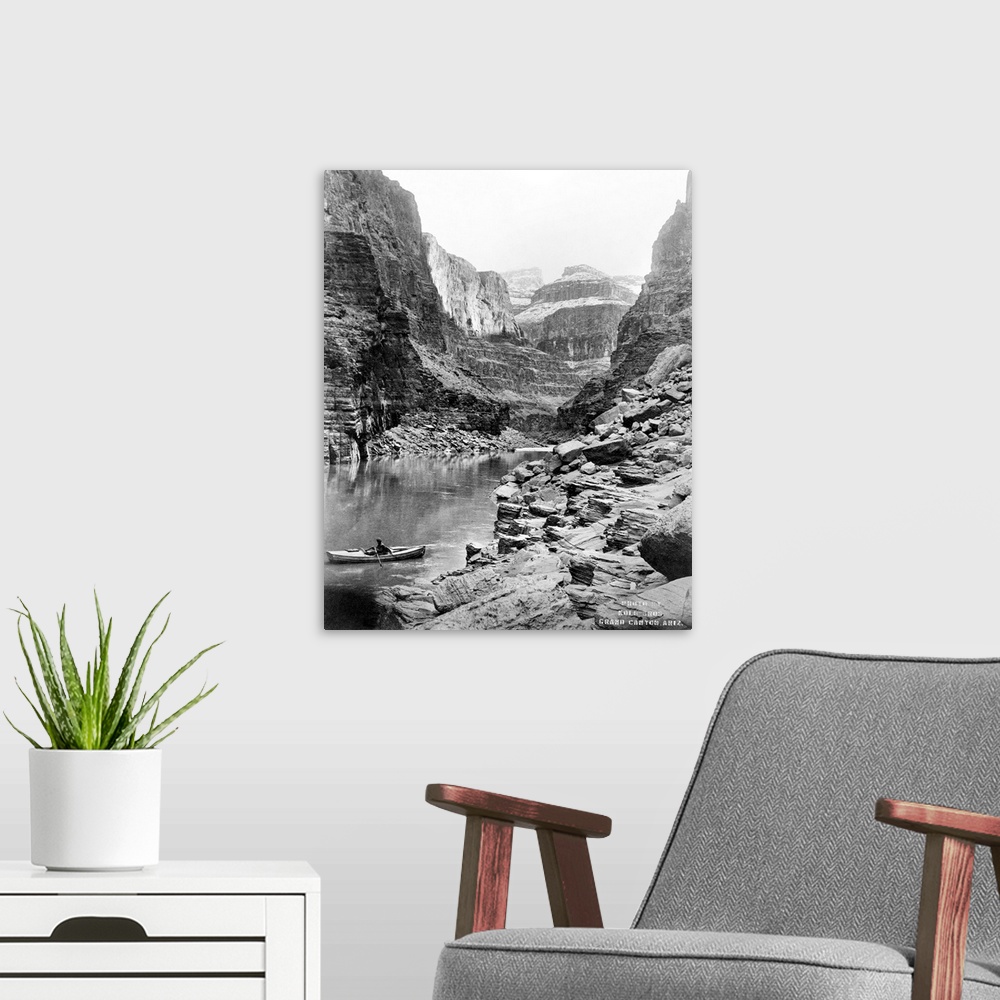 A modern room featuring Grand Canyon, C1913. A View Of the Grand Canyon In Arizona, Showing A Man In A Boat On A River In...